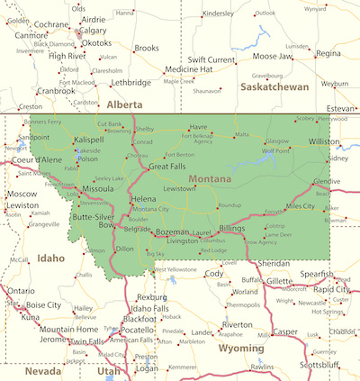 Map of Montana. Shows state borders, urban areas, place names, roads and highways.
Projection: Mercator.